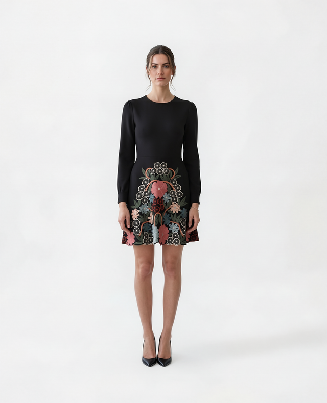 Red Valentino Floral Embroidered Mini Dress with Scalloped Hem in Black