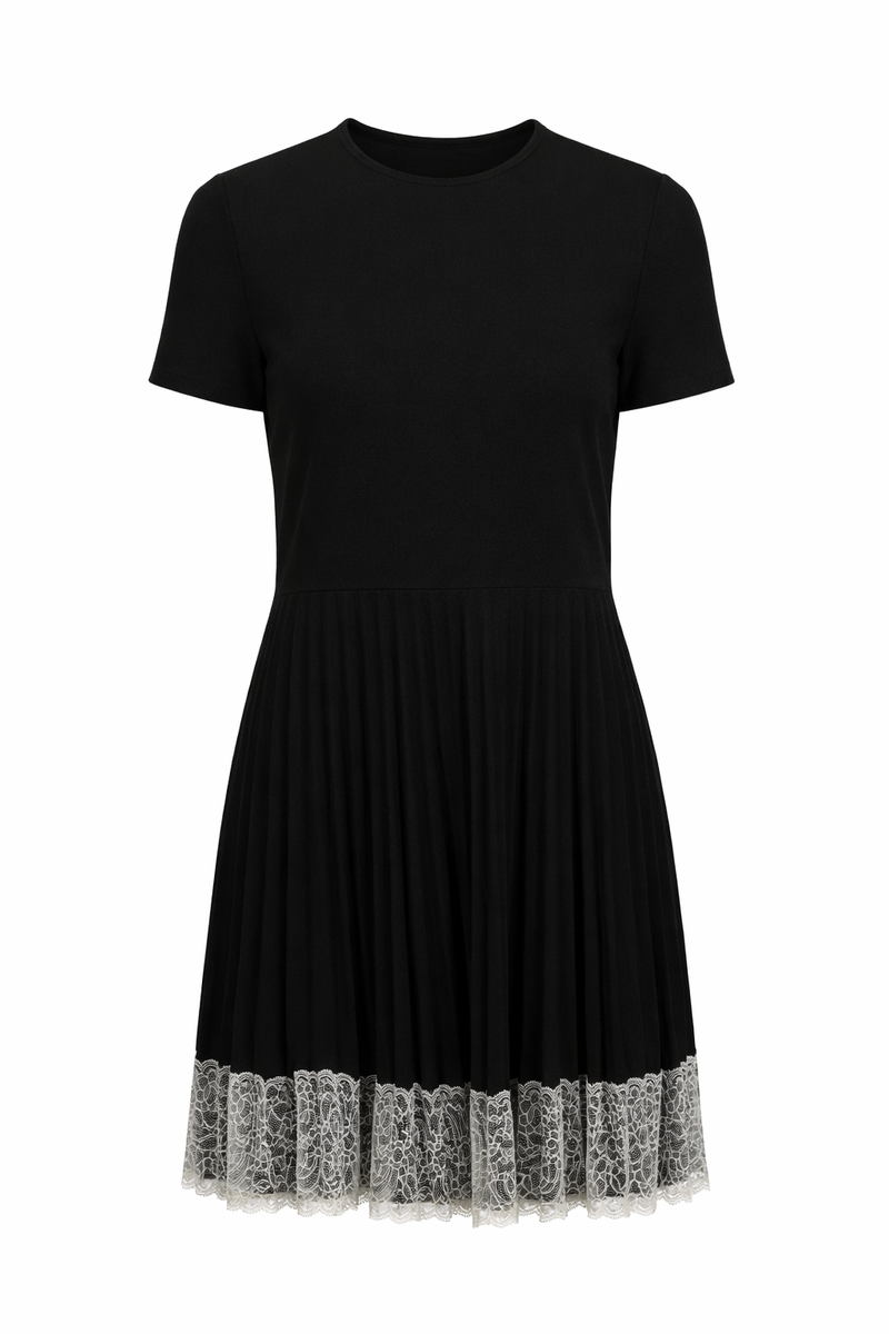 Red Valentino Pleated Mini Dress with Lace Hem in Black
