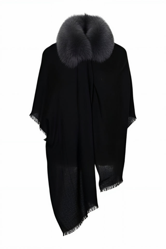 Valentino Garavani Fox Fur Collar Wool Shawl — Black, Brown, Blush