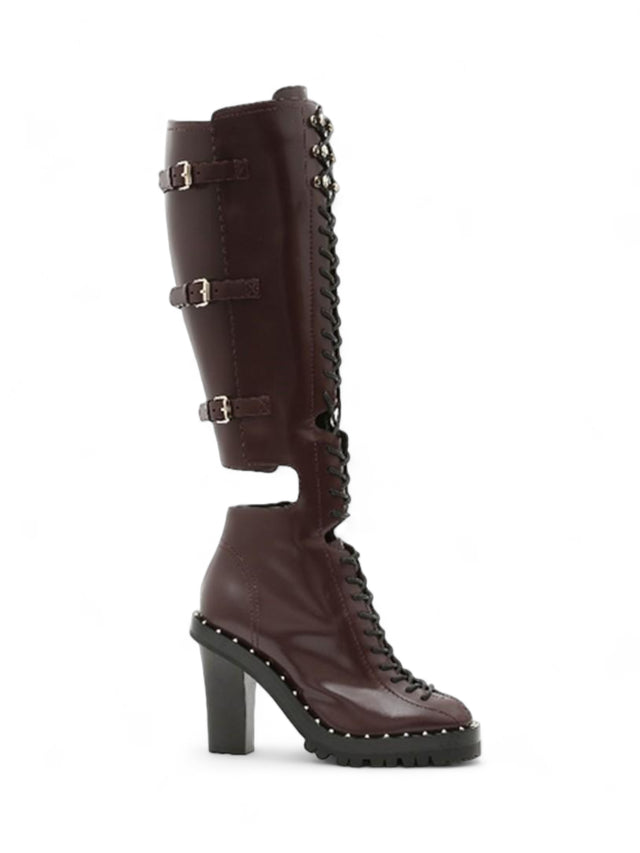 Valentino Garavani Women's Burgundy Knee-High Lace-Up Boots with Buckle Straps