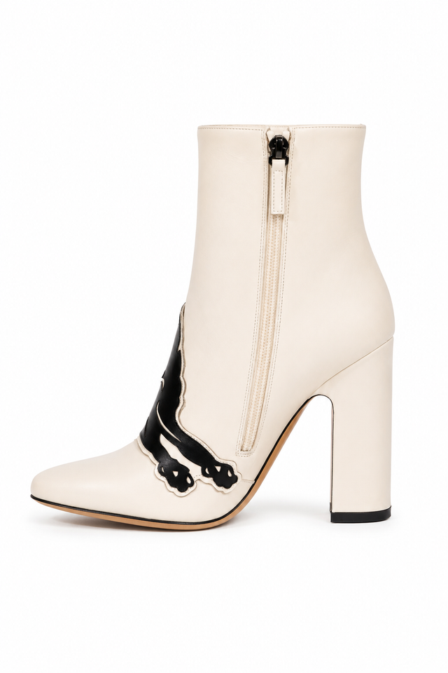 Valentino Garavani Panther Intarsia Leather Ankle Boots – Ivory/Black