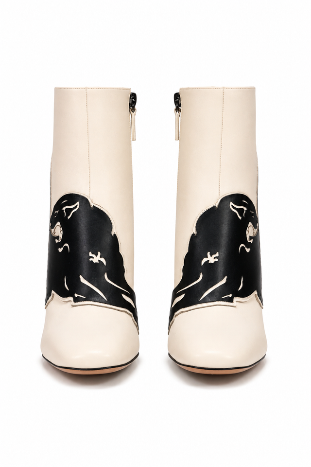 Valentino Garavani Panther Intarsia Leather Ankle Boots – Ivory/Black