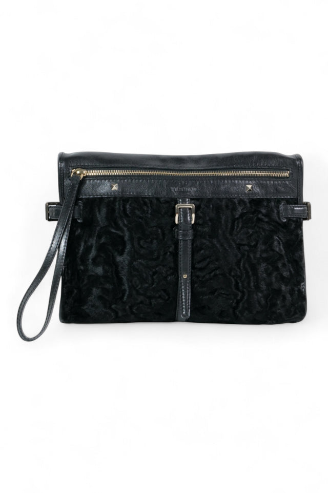 Valentino Garavani Chic Black Fur & Leather Clutch with Zipper Details