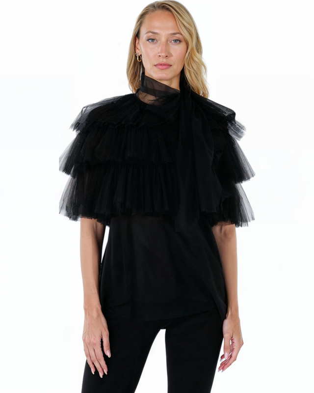 Valentino Black Tiered Tulle Blouse with Bow Detail