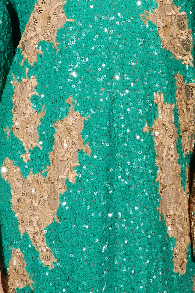 Valentino Emerald Green & Gold Embellished Long-Sleeve Evening Gown