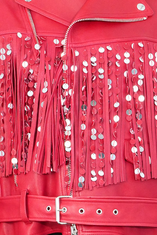 Valentino Red Leather Fringe Studded Moto Jacket