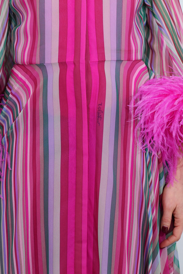 Valentino Pink Multicolor Striped Silk Dress with Feather Cuffs
