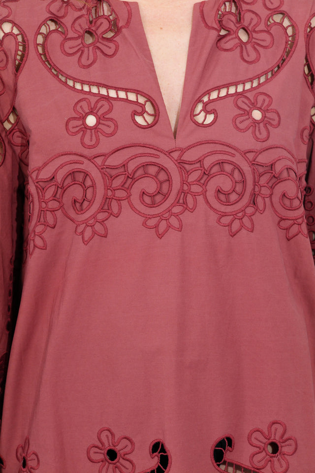 Valentino Burgundy Laser-Cut Embroidered Maxi Dress