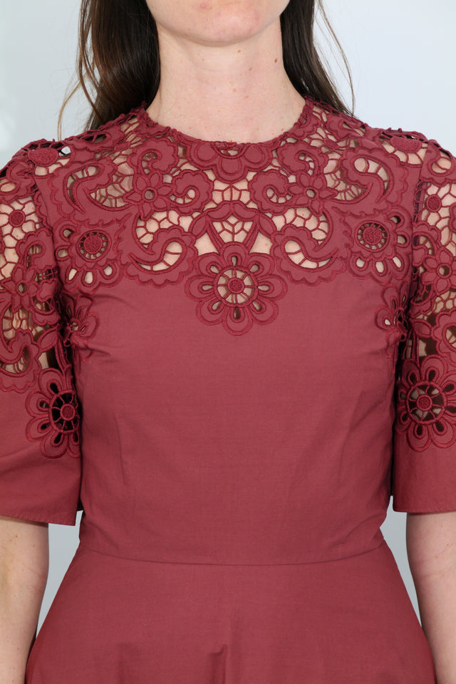 Valentino Red Laser-Cut Floral Midi Dress