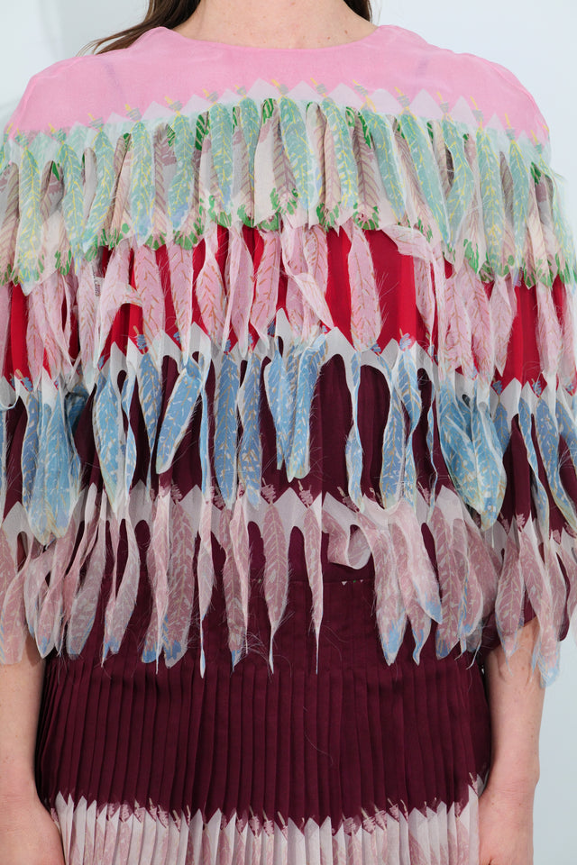 Valentino Multicolor Pleated Dress with Feather-Style Appliqué Cape
