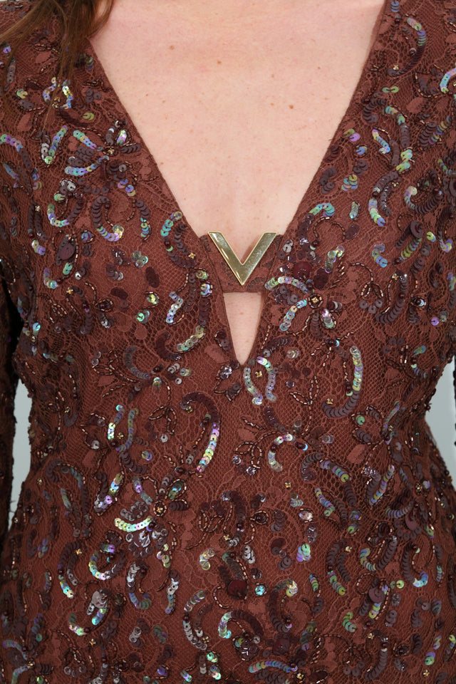 Valentino Brown Embellished Lace Mini Dress