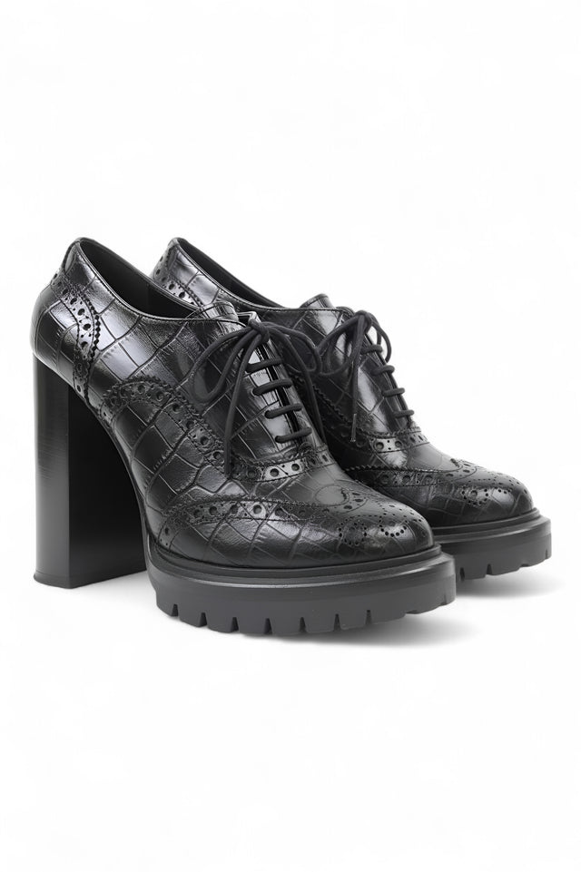 Etro Black Croc-Embossed Leather Platform Oxford Heels