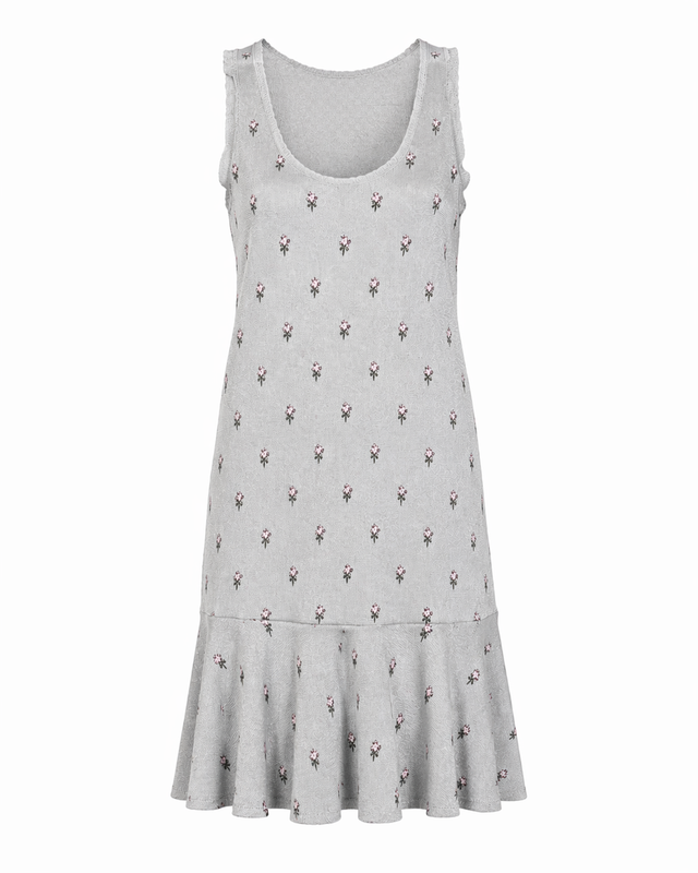 Valentino Sleeveless Knit Dress with Micro Floral Motif and Ruffle Hem in Light Grey