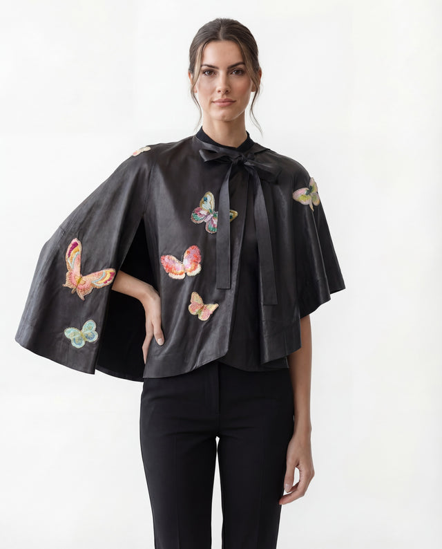 Valentino Black Leather Butterfly Appliqué Cape