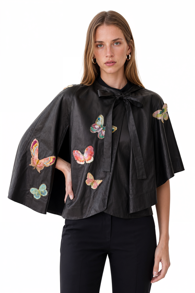 Valentino Black Leather Butterfly Appliqué Cape