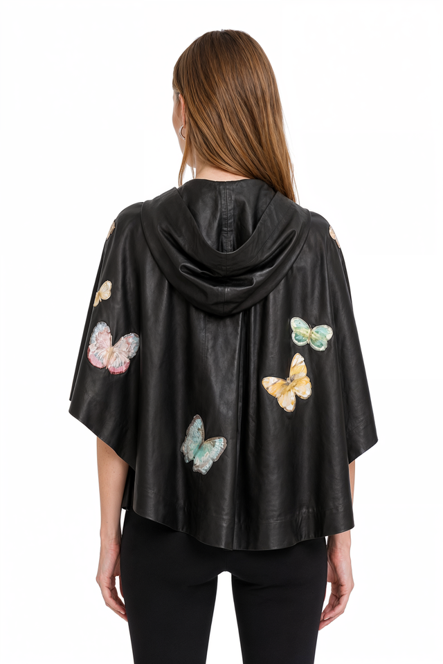 Valentino Black Leather Butterfly Appliqué Cape