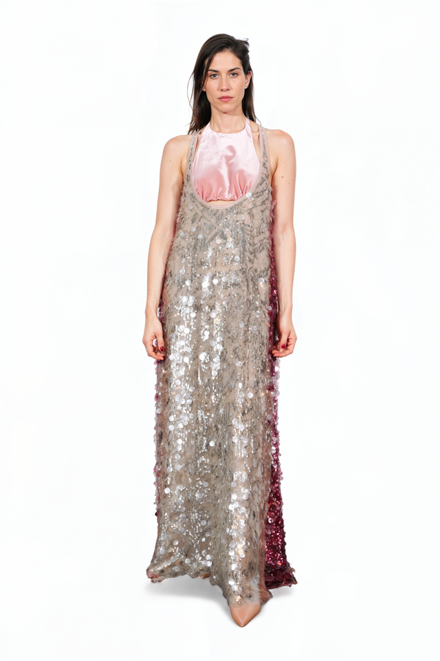 Valentino Layered Sequin Slip Gown with Satin Halter Bodice