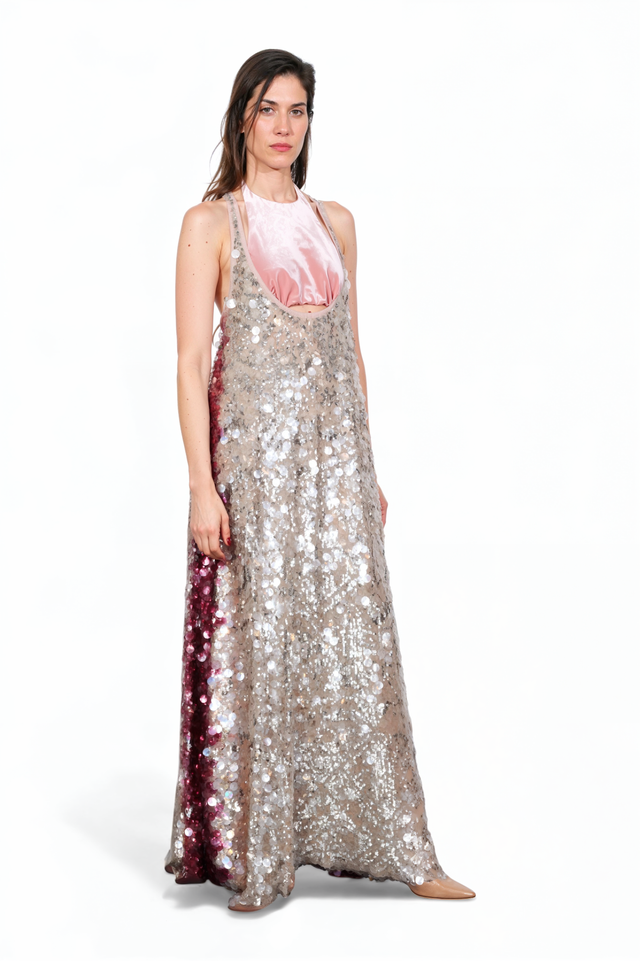 Valentino Layered Sequin Slip Gown with Satin Halter Bodice