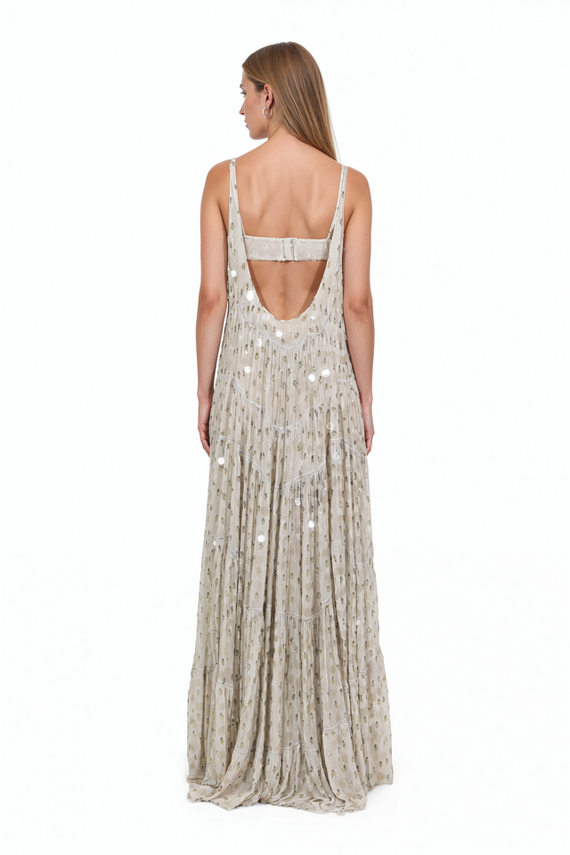 Valentino champagne sequined tiered silk maxi dress with front cut-out detail