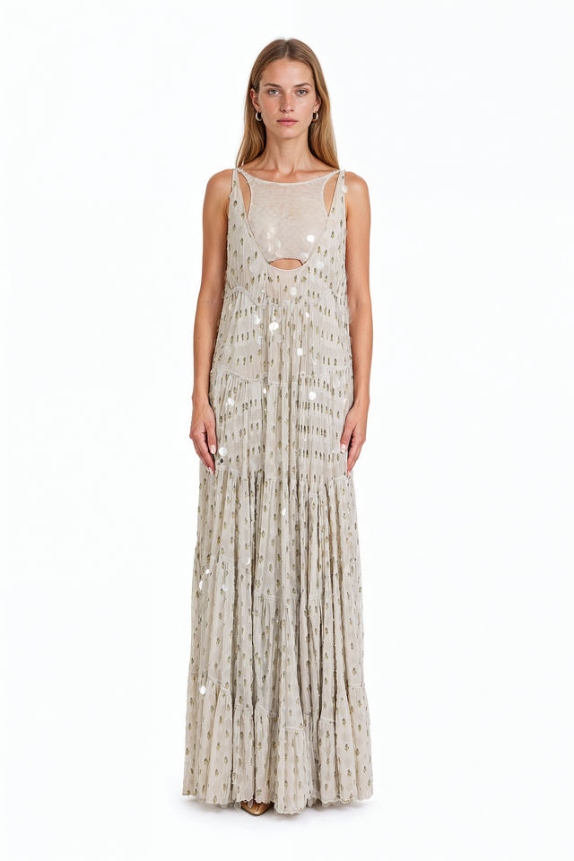 Valentino champagne sequined tiered silk maxi dress with front cut-out detail