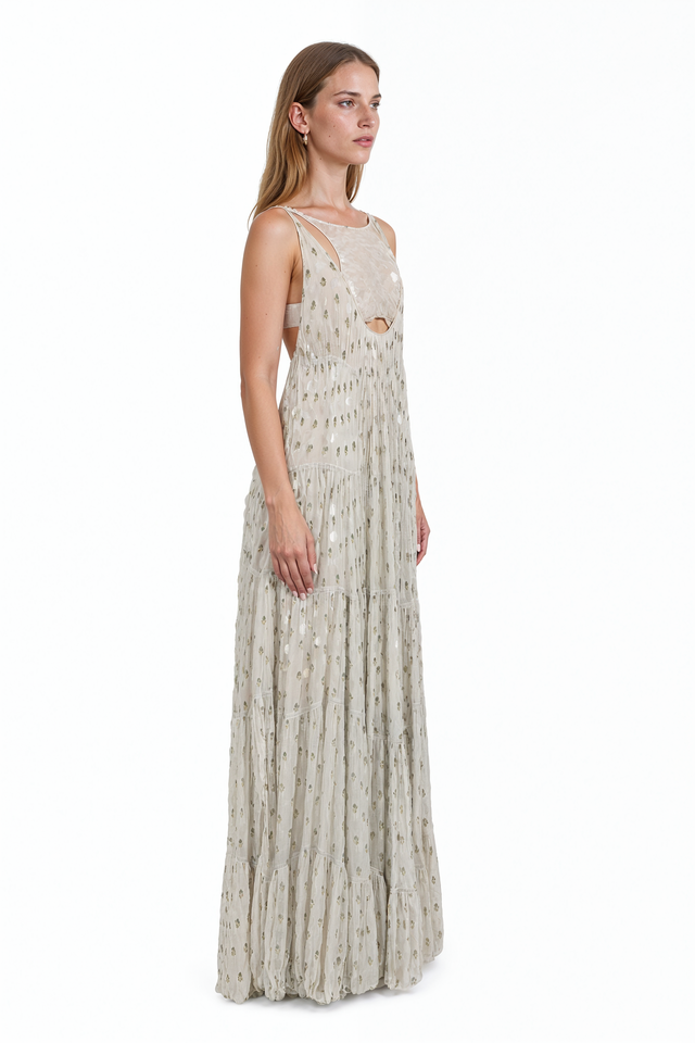Valentino champagne sequined tiered silk maxi dress with front cut-out detail