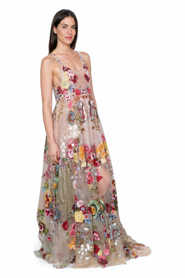 Valentino Multicolor Floral Embroidered Tulle Gown