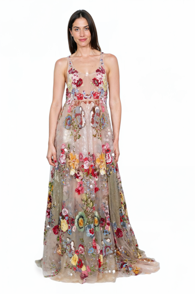 Valentino Multicolor Floral Embroidered Tulle Gown