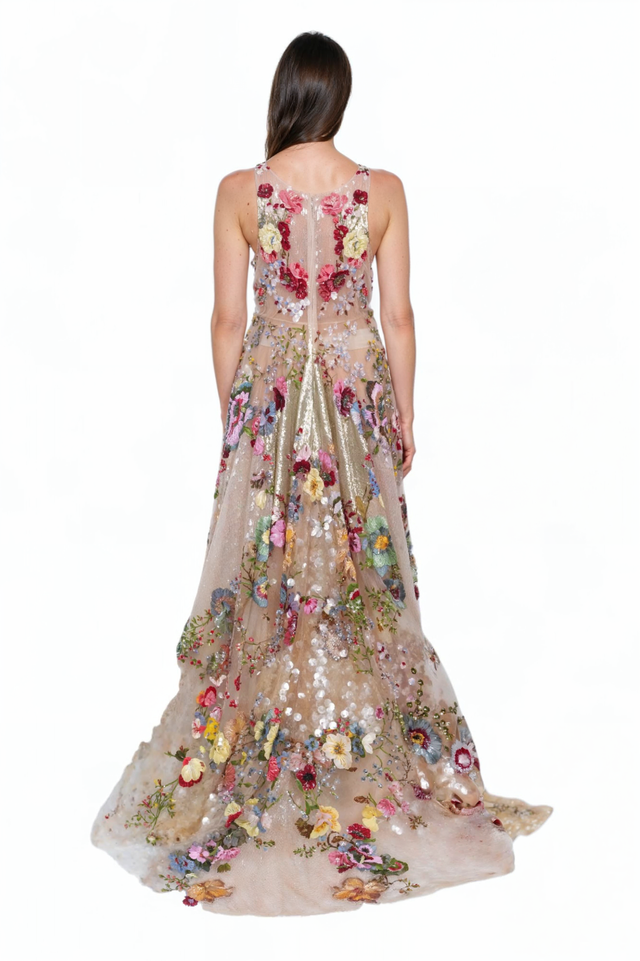 Valentino Multicolor Floral Embroidered Tulle Gown