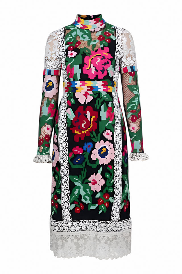 Valentino Floral Tapestry Midi Dress with Lace Panels