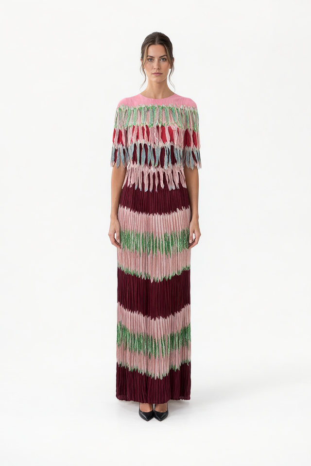 Valentino Multicolor Pleated Dress with Feather-Style Appliqué Cape