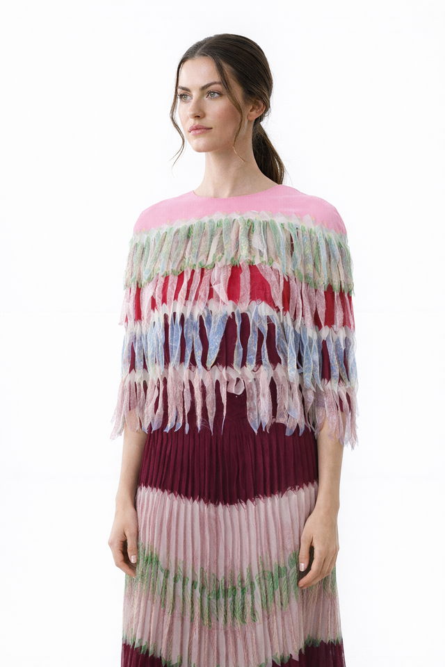 Valentino Multicolor Pleated Dress with Feather-Style Appliqué Cape