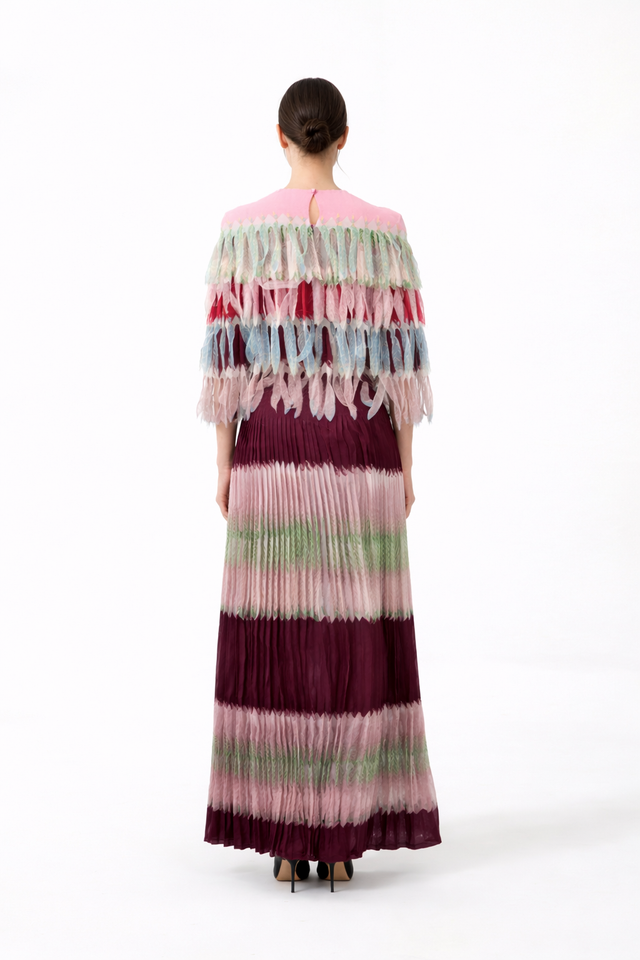 Valentino Multicolor Pleated Dress with Feather-Style Appliqué Cape