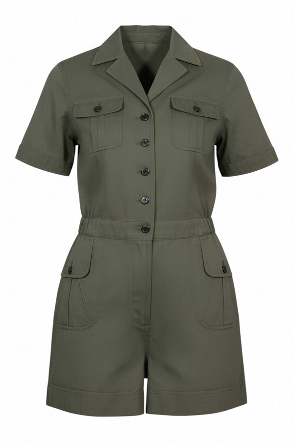 Valentino army green cotton utility romper, product photo.
