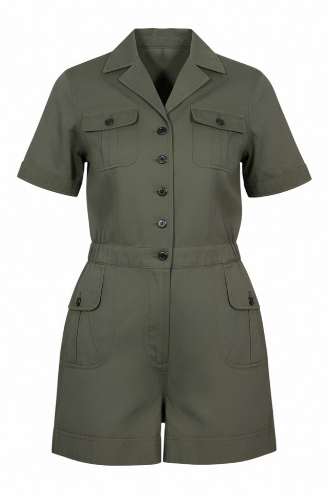 Valentino Army Green Cotton Utility Romper