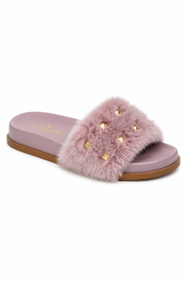 Valentino Garavani Rockstud Fur Slide Sandals in Blush