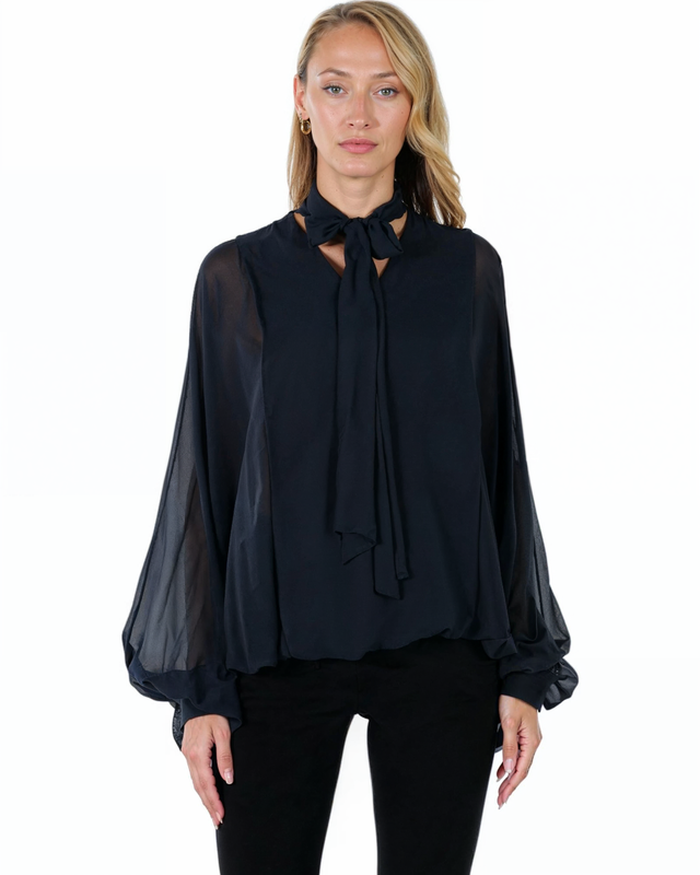 Valentino Navy Sheer Bow Blouse with Balloon Sleeves