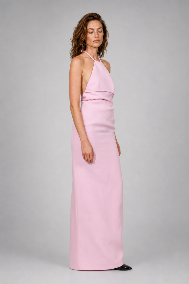 Valentino Open-Back Halter Silk Gown in Pale Pink