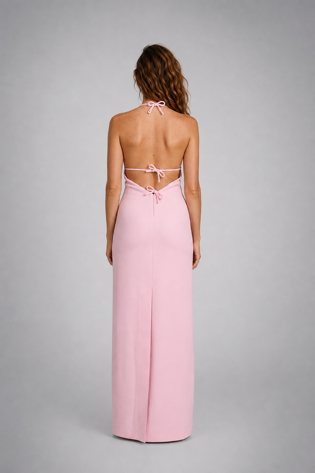 Valentino Open-Back Halter Silk Gown in Pale Pink