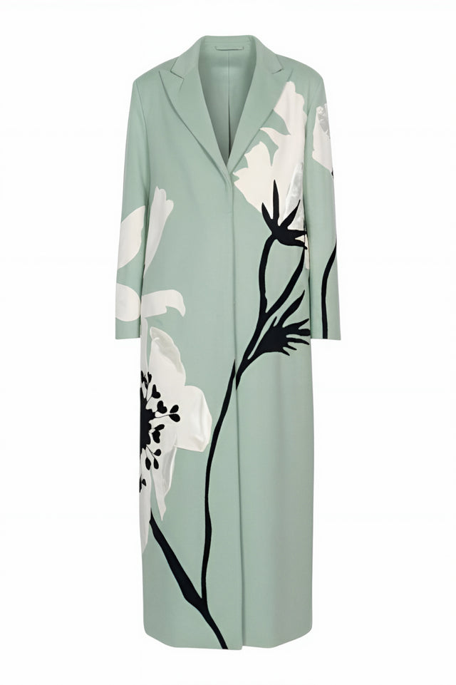 Valentino Floral Print Long Wool Coat in Mint Green