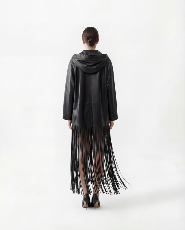 Valentino Black Leather Fringe Hooded Cape