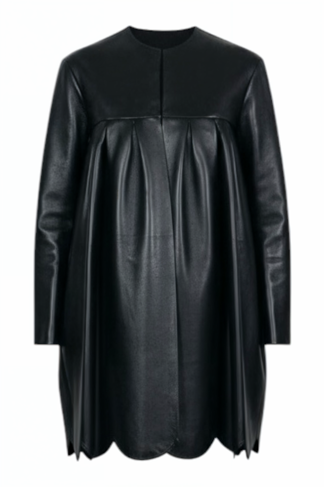 Black Pleated Leather Coat with Scalloped Hem