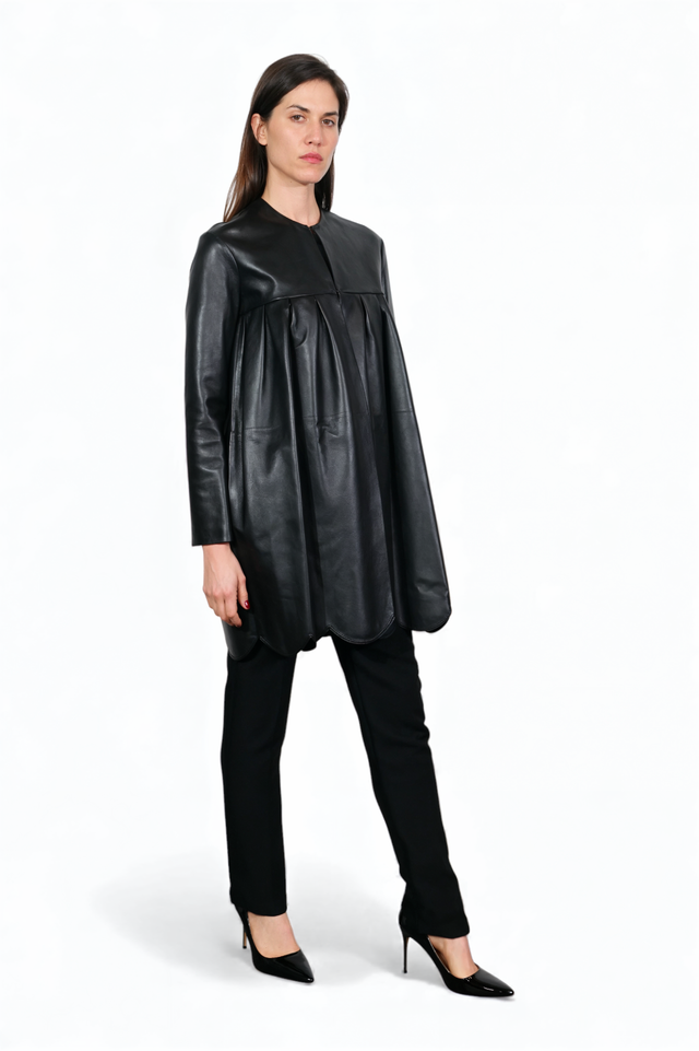 Black Pleated Leather Coat with Scalloped Hem
