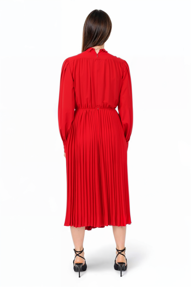 Valentino Red Pleated Midi Dress with Tie Neck Detail