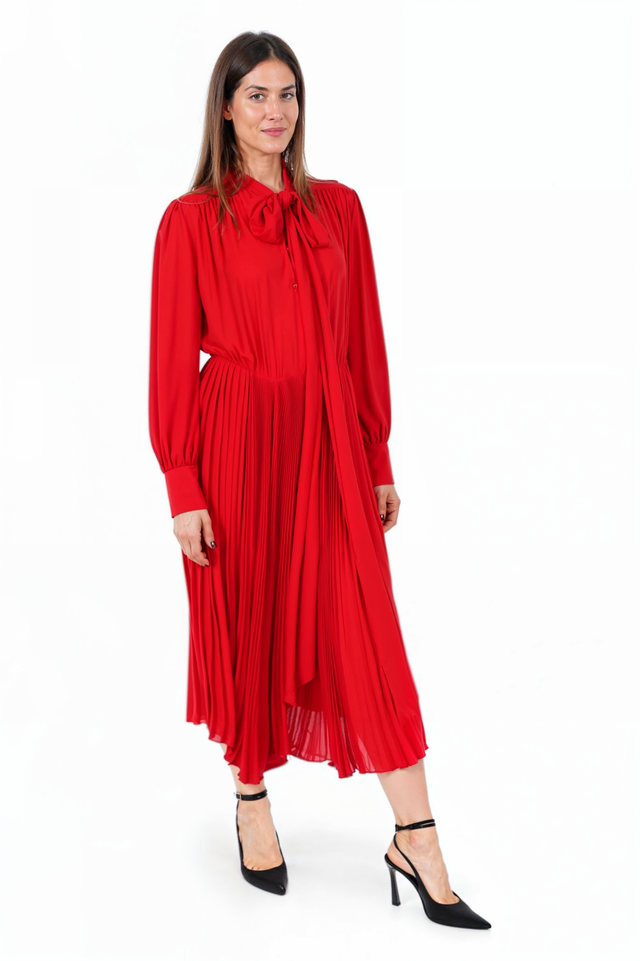 Valentino Red Pleated Midi Dress with Tie Neck Detail