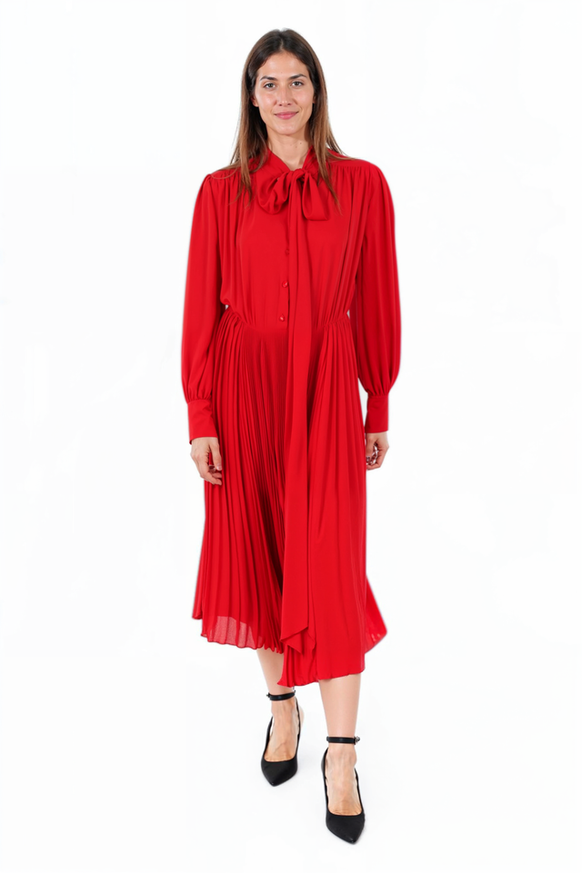 Valentino Red Pleated Midi Dress with Tie Neck Detail