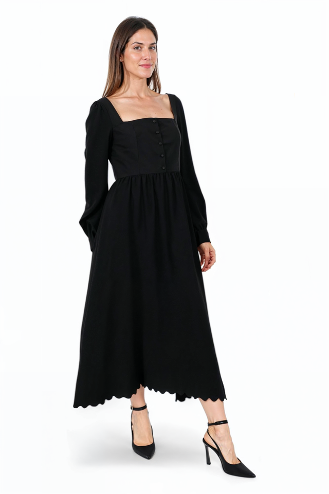 Valentino Scalloped Black Long Sleeve Midi Dress