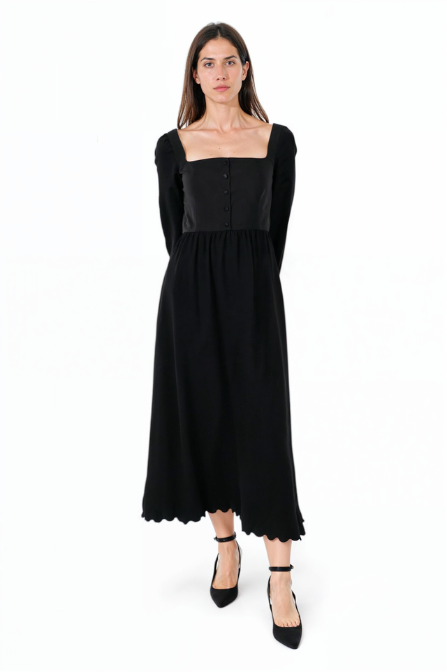 Valentino Scalloped Black Long Sleeve Midi Dress