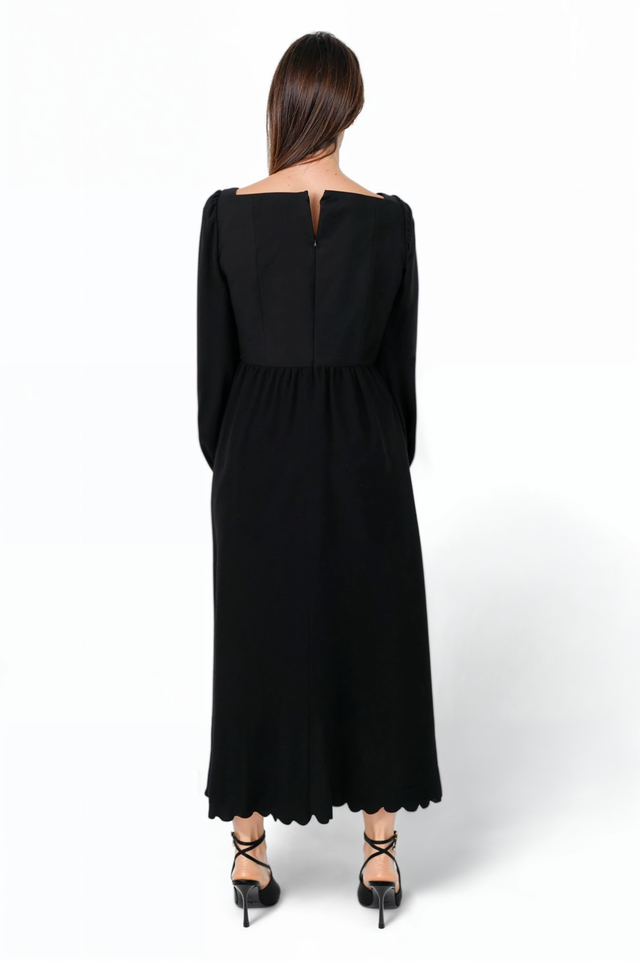 Valentino Scalloped Black Long Sleeve Midi Dress