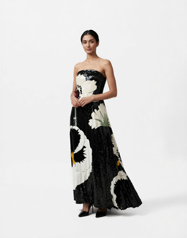 Valentino Black Floral Sequin Strapless Evening Gown