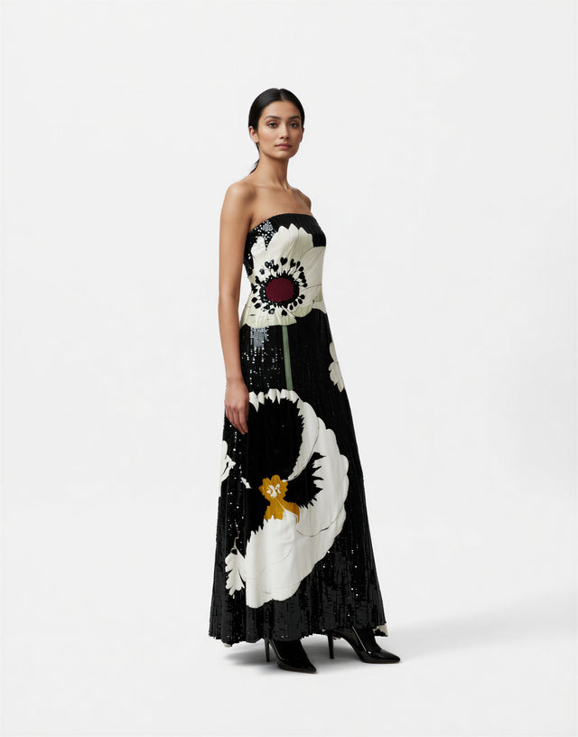 Valentino Black Floral Sequin Strapless Evening Gown
